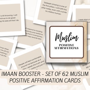 Karty z pozytywnymi afirmacjami islamskimi - 62 do wydrukowania Karty wzmacniające wiarę Imaan - zestaw 62 minimalistycznych kart z pozytywnymi afirmacjami muzułmańskimi do wydrukowania
