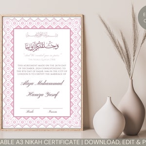 Bearbeitbare Nikkah Vertragsvorlage druckbare Nikkahnama, muslimische islamische Hochzeit Heiratsurkunde, digitaler Download rosa weiß islamische Kunst