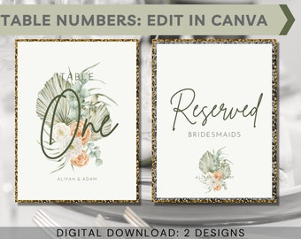 Digital Download Wedding Table Number Cards Classic Green Gold Boho Pampas Table names/Table Numbers script font classic elegant Canva Edit