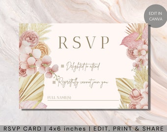 RSVP Editable Electronic Wedding Template, Printable Digital Wedding Nikkah Walimah Shaadi Baraat editable template Pink Boho Pampas Florals