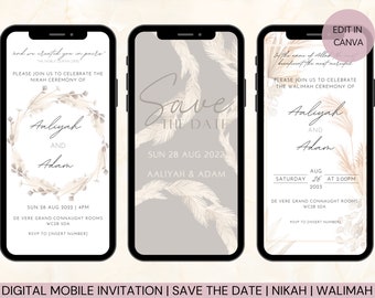 Digital Paperless Muslim Wedding Invitation Bundle, Nikkah, Walimah, Save the Date, Modern Neutrals Boho Pampas Minimalist, Canva Template