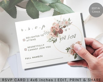 RSVP Editable Printable or Electronic Wedding RSVP Template, Fall Autumn Red Orange Gold Floral Wreath & Foliage, Edit in Canva