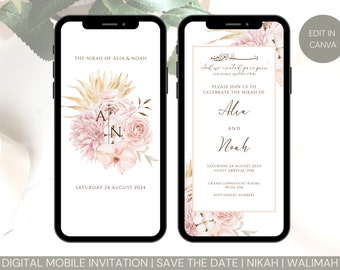 Editable Electronic Muslim Wedding Invitation Template, Digital Nikkah Walima Shaadi Baraat eInvite, Pink White Florals Neutrals Pampas Text