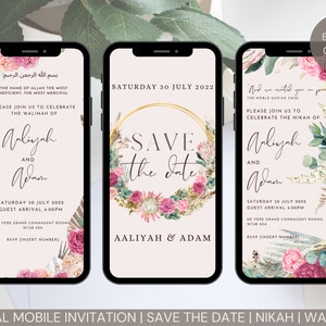 Paquete de plantillas de invitación de boda musulmana sin papel digital, Nikkah, Walima, Shaadi, Guardar la fecha, Corona floral boho de pampa rosa, Canva