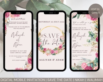 Digital Paperless Muslim Wedding Invitation Template Bundle, Nikkah, Walima, Shaadi, Save the Date, Pink Pampas Boho Florals Wreath, Canva