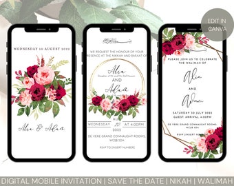 Editable Digital Muslim Wedding Invitation Template Nikah Walimah Shaadi Baraat editable eInvite Shocking Hot Pink Gold Floral Wreath Border