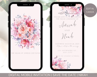 Editable Electronic Muslim Wedding Invitation Template, Digital Nikkah Walimah Shaadi Baraat editable eInvite, Pink Purple Floral Flowers