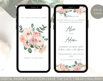 Editable Digital Muslim Wedding Invitation Template Nikkah Walimah Shaadi Baraat editable eInvite Pink Flowers White Roses Green Leaves