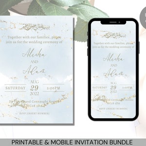 Blue Gold Marble Nikah Invitation Bundle Mobile & Printable Editable Template eInvite Canva Instant Download Muslim Wedding Ceremony