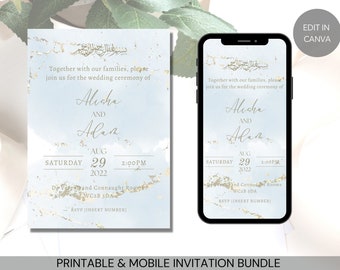 Blue Gold Marble Nikah Invitation Bundle Mobile & Printable Editable Template eInvite Canva Instant Download Muslim Wedding Ceremony