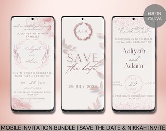 Editable Electronic Digital Muslim Wedding Invitation, Save the Date, Nikkah, Walimah Invitation, Rose Gold Pink Paperless eInvite for email