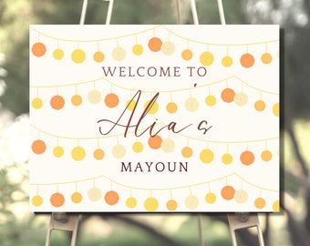 Editable Mayoun Maiyan Haldi Pithi Mehndi Shaadi Welcome Sign Poster Desi Decor Template Yellow Orange Cream White Baubles Backdrop Download