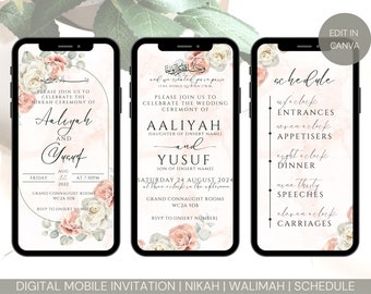 Editable Digital Muslim Islamic Wedding Schedule Invitation Template Nikkah Walimah Shaadi eInvite Pink Roses Florals Leaves Marble Cursive
