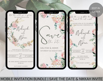 Digital Paperless Muslim Wedding Invitation Bundle, Nikkah, Walima, Save the Date, Pink Pampas Boho Florals Foliage, Canva Template