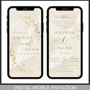 Bearbeitbare digitale muslimische Hochzeitseinladungsvorlage Nikkah Walimah Shaadi Baraat bearbeitbare eInvite Gold Creme Neutral Minimalist