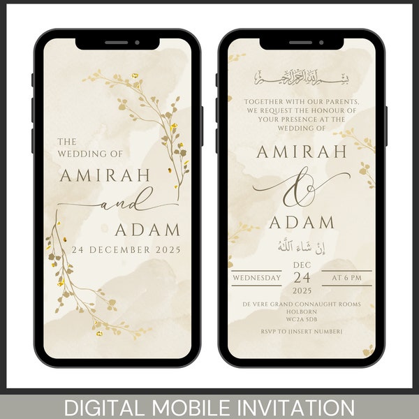 Editable Digital Muslim Wedding Invitation Template Nikkah Walimah Shaadi Baraat editable eInvite Gold Cream Neutral Minimalist