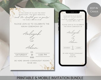 Cream Gold Minimalistic Nikah Invitation Bundle Mobile & Printable Editable Template eInvite Canva Instant Download Muslim Wedding Ceremony