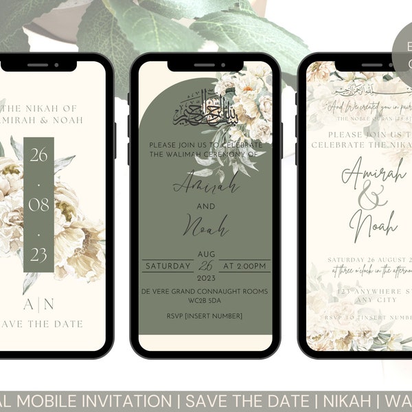 Digital Paperless Muslim Wedding Invitation Bundle, Nikkah, Walima, Save the Date, Green Cream White Florals Eucalyptus, Canva Template