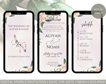 Editable Digital Muslim Islamic Wedding Invitation Template Nikkah Walimah Shaadi Baraat editable eInvite Pink Lilac Florals Cursive Letters