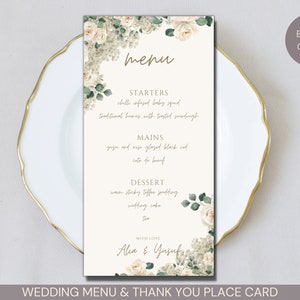 Cartes de menu de mariage modifiables, cartes de menu de dîner, carte de menu avec carte de place, menu floral, carte de remerciement, roses blanches de gypsophile de souffle de bébé