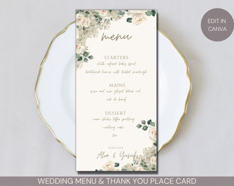 Editable Wedding Menu Cards, Dinner Menu Cards, Menu Card With Place Card, Floral Menu, Thank You Card, Baby's Breath Gypsophila White Roses