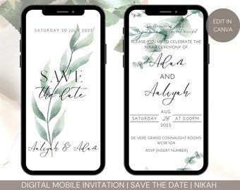 Editable Electronic Muslim Wedding Invitation Template Digital Nikkah Walimah Shaadi Baraat eInvite White Green Eucalyptus Leaves Minimalist