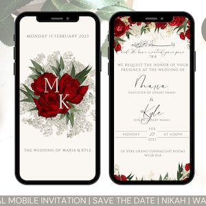 Bewerkbare digitale moslim bruiloft uitnodiging sjabloon Nikkah Walimah Shaadi Baraat bewerkbare eInvite Baby's Breath Gypsophila rode rozen