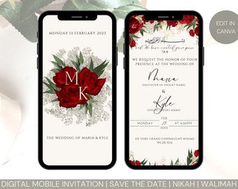 Editable Digital Muslim Wedding Invitation Template Nikkah Walimah Shaadi Baraat editable eInvite Baby&#39;s Breath Gypsophila Red Roses