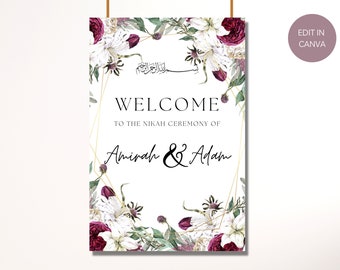 Editable Welcome Sign Canva Template Signage Personalised Download Print Pink Purple Floral Flowers Shaadi Baraat Nikah Walima Mendhi