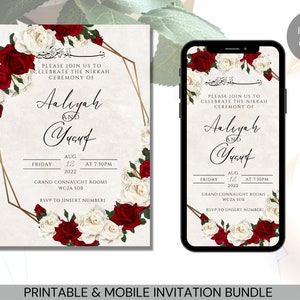 Bewerkbare moslim bruiloft uitnodiging sjabloon Nikah Mobile & afdrukbare eInvite Canva Download geometrische gouden rand rode roos witte roos bloemen