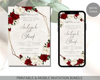 Editable Muslim Wedding Invitation Template Nikah Mobile & Printable eInvite Canva Download Gold Red Roses White Rose Florals Leaves Border