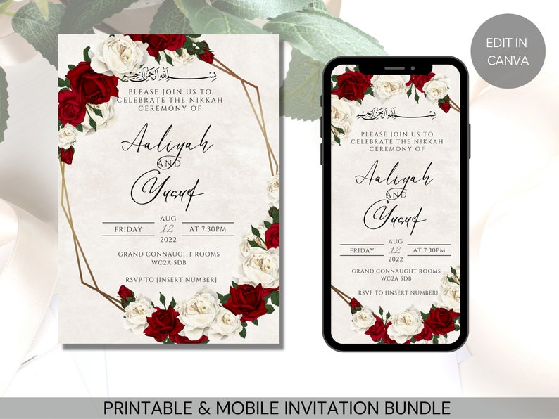 Editable Muslim Wedding Invitation Template Nikah Mobile & Printable