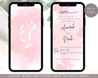 Editable Electronic Muslim Wedding Invitation Template, Digital Nikkah Walimah Shaadi Baraat editable eInvite, Pink Peach White Watercolour