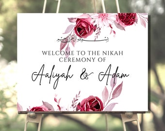 Editable Muslim Wedding Welcome Sign Template Nikkah Walima Shaadi Baraat Hot Pink Light Pink Cream Cream White Floral Modern Download Print