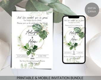 Green Gold Boho Foliage Nikah Invitation Bundle Mobile & Printable Editable Template eInvite Canva Instant Download Muslim Wedding Ceremony