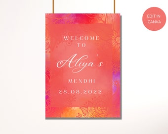 Editable Digital Mendhi Welcome Sign Canva Template Download Print Desi Decor Paisley Pink Orange Shaadi Baraat Nikah Walima Maiyan Pithi