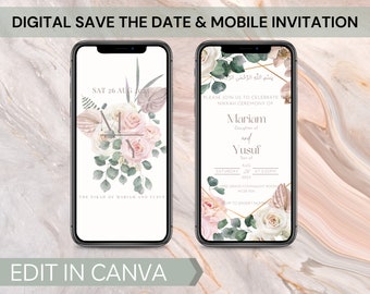 Editable Electronic Muslim Wedding Invitation Template Digital Nikkah Walimah Shaadi Baraat editable eInvite Pink Cream Florals & Eucalyptus