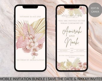 Editable Electronic Muslim Wedding Invitation Template, Digital Nikkah Walimah Shaadi Baraat editable e-Invite, Pink Boho Pampas Florals
