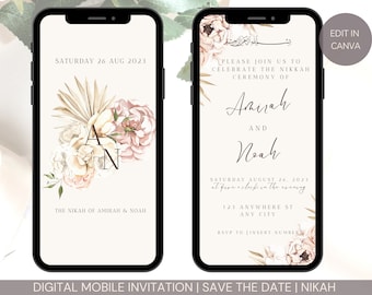 Editable Electronic Muslim Wedding Invitation Template, Digital Nikkah Walimah Shaadi Baraat editable eInvite, Cream Pampas Neutrals Gold