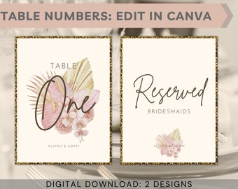 Digital Download Wedding Table Number Cards Classic Blush Pink Boho Pampas Florals Table names/Table Numbers script font classic elegant