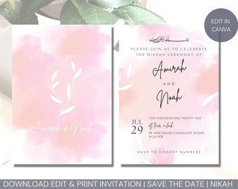Editable Printable Muslim Wedding Invitation Template, Digital Nikkah Walimah Shaadi Baraat Pakistani, Pink Peach White Watercolour Text
