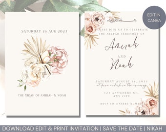 Editable Printable Muslim Wedding Invitation Template, Digital Nikkah Walimah Shaadi Baraat Pakistani, Cream Pampas Neutrals Gold Text
