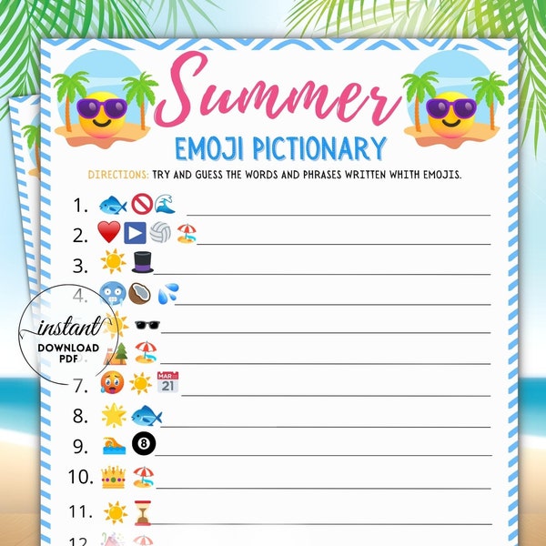 Summer Emoji Pictionary Game, Party Games, Emoji Trivia, Summer Activities for Adults and Kids, summer fun games printable, emoji game, fun