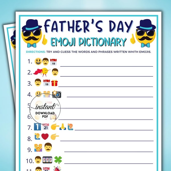 Father's Day Emoji Pictionary Game, Party Games, Emoji Trivia, Father's Day activities for kids & Adults, Emoji game, Printable game, emoji