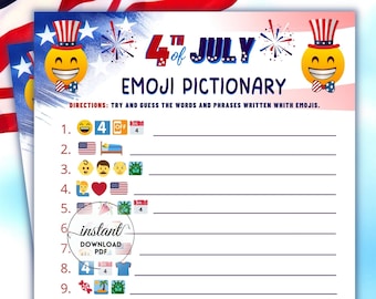 Fourth of July Emoji Pictionary, Printable Fourth of July Game, Independence Day Activity For Kids and Adults, Fourth of July Party Game