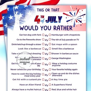 ¿Qué prefieres?, Juego imprimible del 4 de julio, Actividad del Día de la Independencia para niños y adultos, Juego de fiesta del 4 de julio