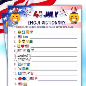 Pictionary con emoji del 4 luglio, gioco stampabile del 4 luglio, attività per il Giorno dell'Indipendenza per bambini e adulti, gioco per feste del 4 luglio