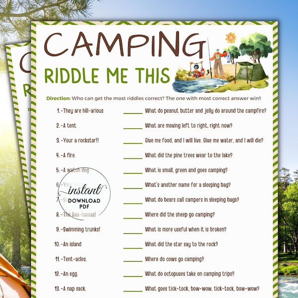 Riddle game, Camping Activities for Kids & Adults, Fun camping game, Printable road trip games, Match up game, Campfire games, Scout games