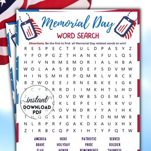 Memorial Day word search, Printable family game, Word Search, Memorial Day for kids & adults, Printable Memorial Day, virtual games for work