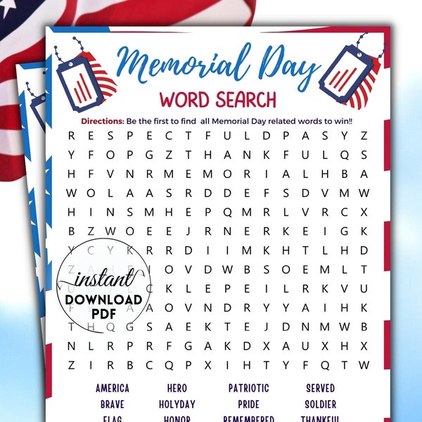 Memorial Day word search, Printable family game, Word Search, Memorial Day for kids & adults, Printable Memorial Day, virtual games for work